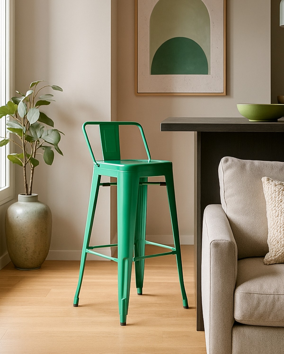 Taburete alto con respaldo Oliix de metal acabado brillo Verde