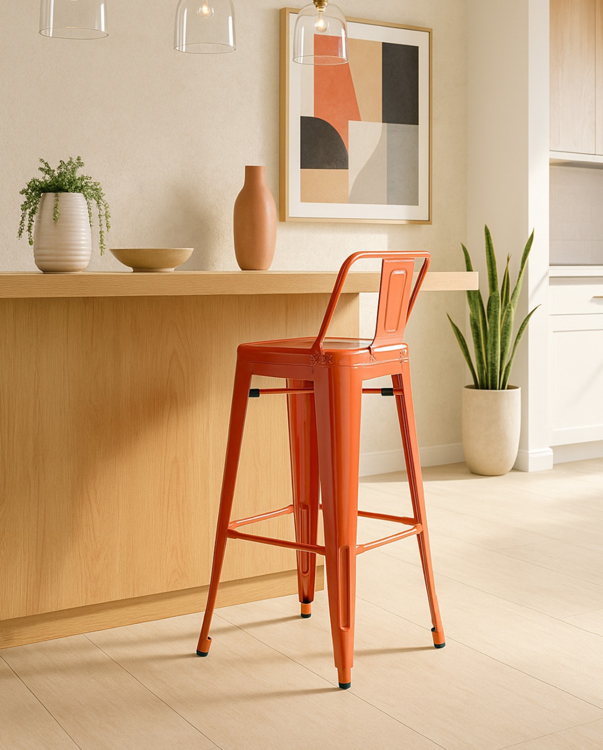 Oliix high stool with backrest in gloss metal - Coral Red