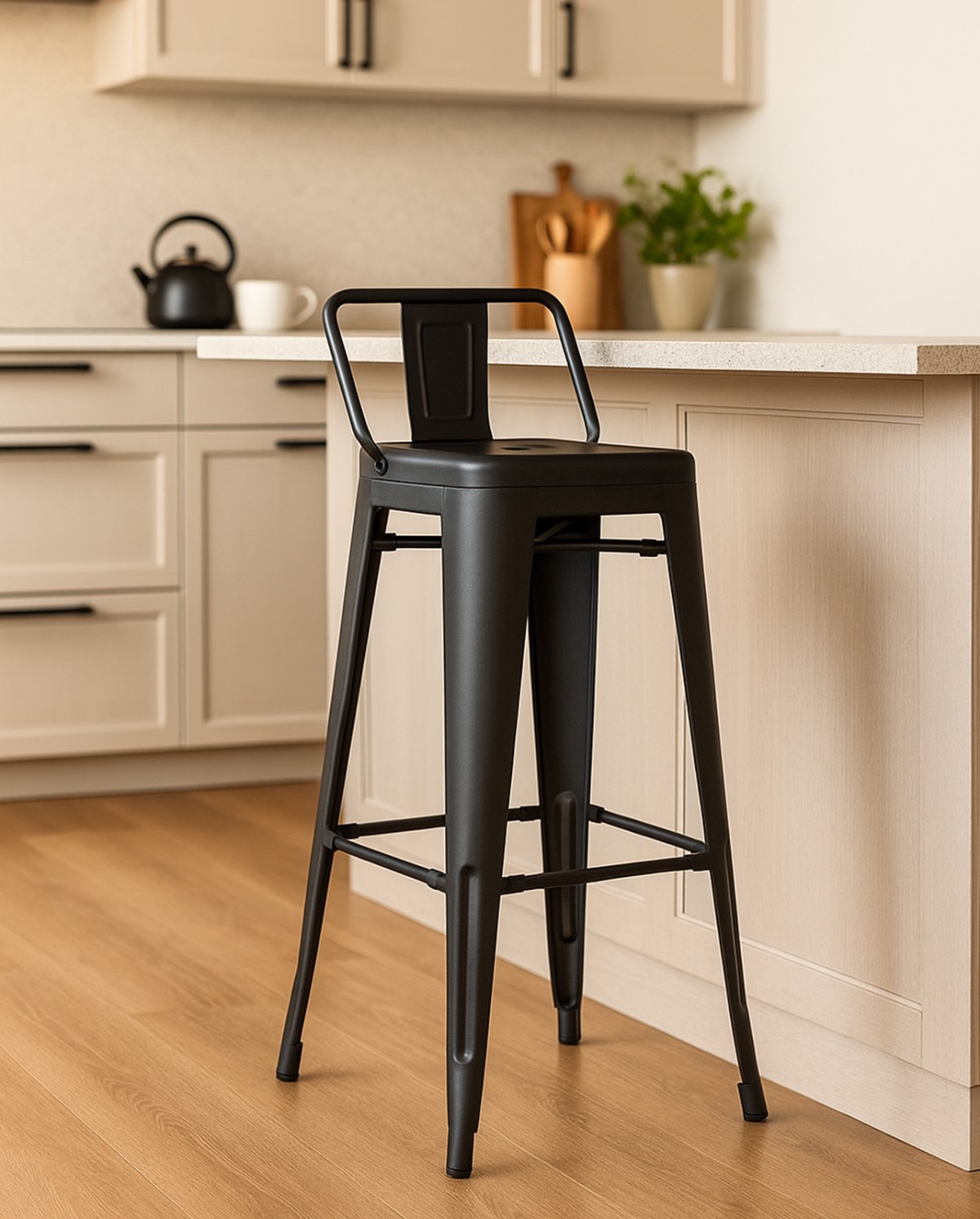 Oliix high stool with backrest in matte metal finish Black