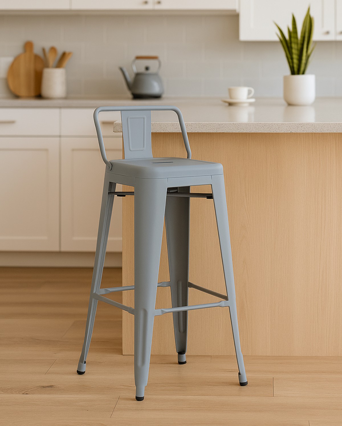 Oliix high stool with backrest in matte metal finish