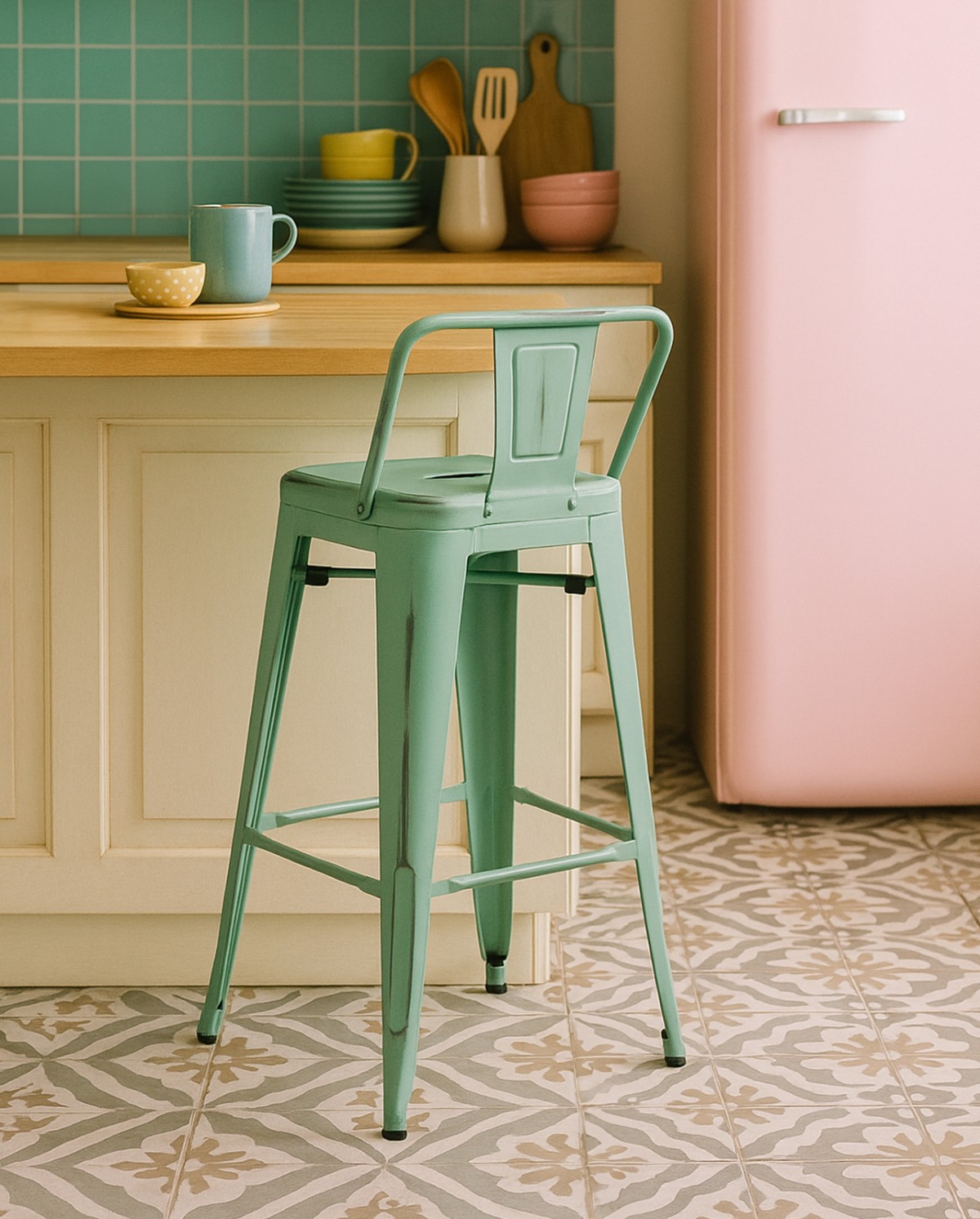 Tabouret De Bar Vintage Métal Noir Et Vert – Assise Cuir, Hauteur 75cm